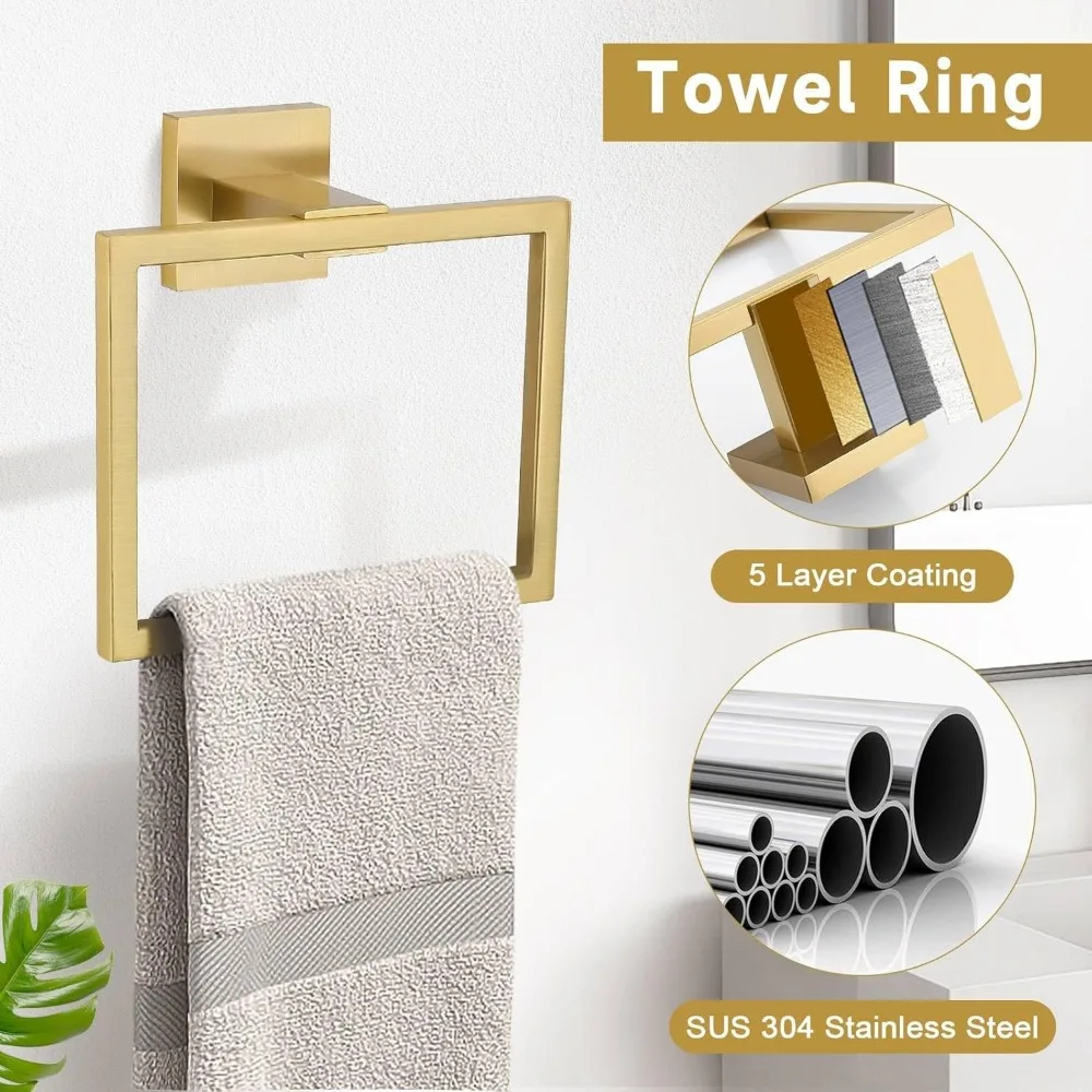 Set di accessori per il bagno - Set portasciugamani e portasciugamani da 10 pezzi in oro spazzolato, acciaio inossidabile SUS304, resistente alla ruggine