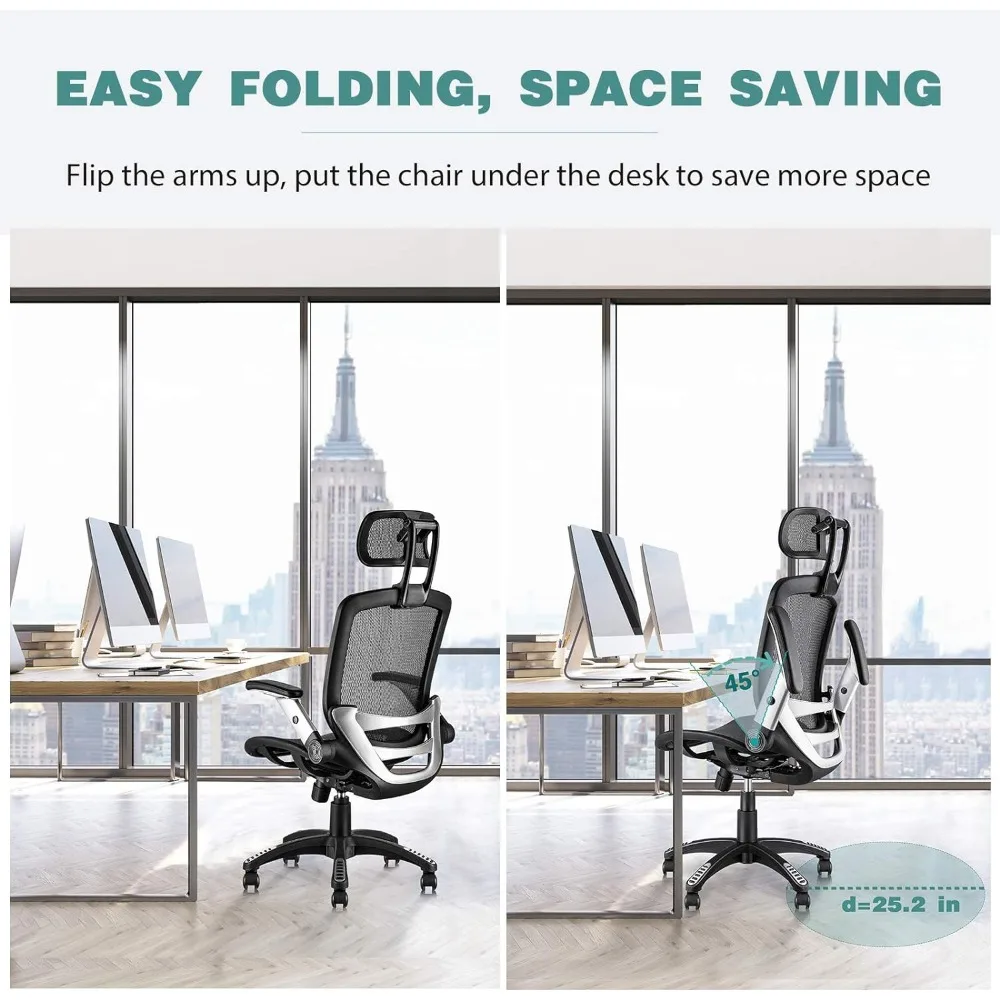 Ergonômico High Back Mesh Office Chair, cadeira de mesa, encosto de cabeça ajustável com flip-up, função de inclinação, apoio lombar e rodas PU