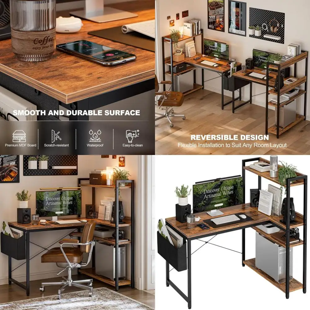 

47 Inch L Shaped Computer Desk with Reversible Storage Shelves, Home Office Corner Desk Study Writing Table with Hutch, Study, R