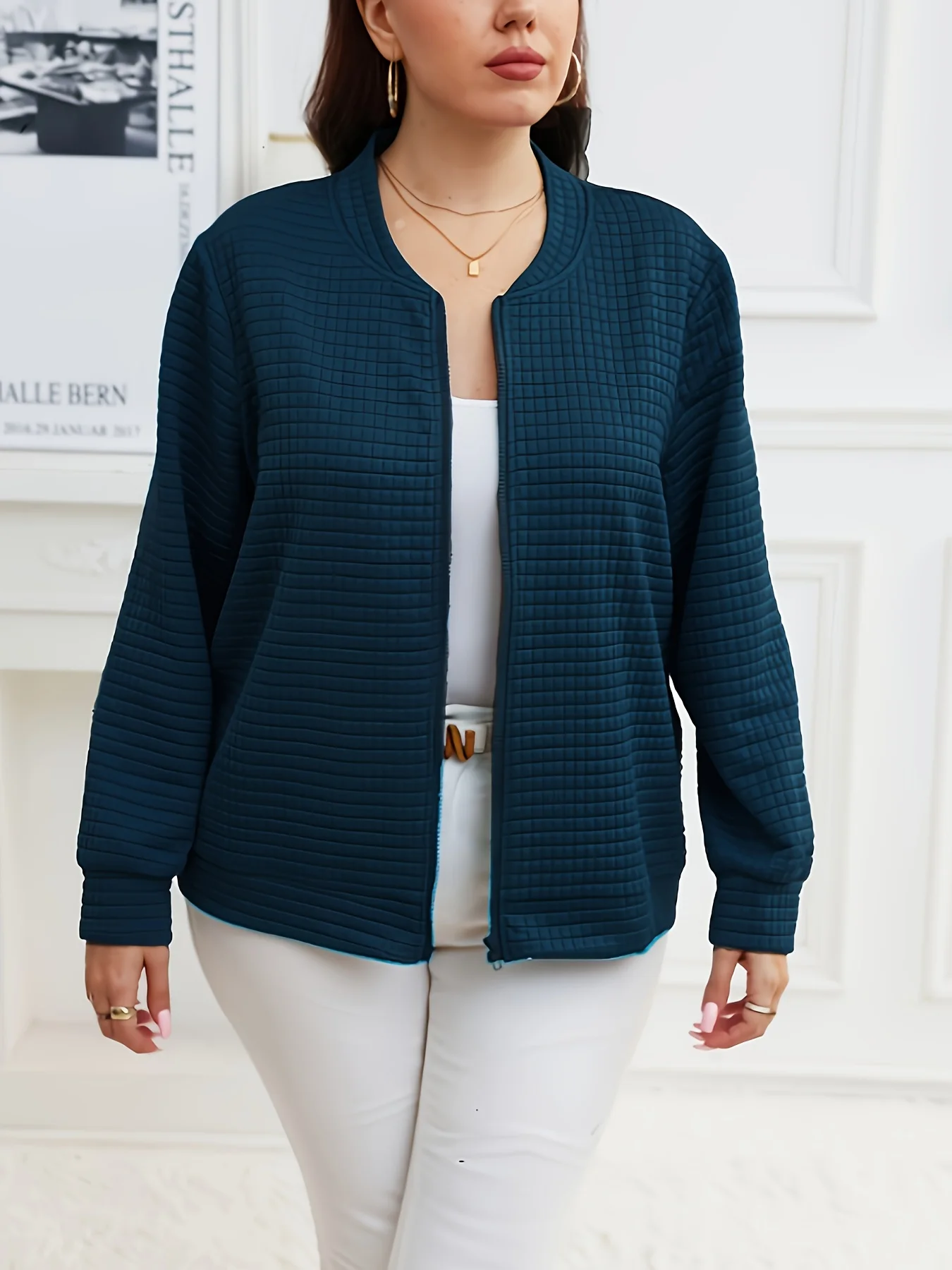 Dámský elegantní kardigan s dlouhým rukávem pro větší velikosti - měkká vaflová tkanina, klasický střih na zip, univerzální pro všechna roční období, vhodný pro běžné nošení i formální příležitosti - náhled 4