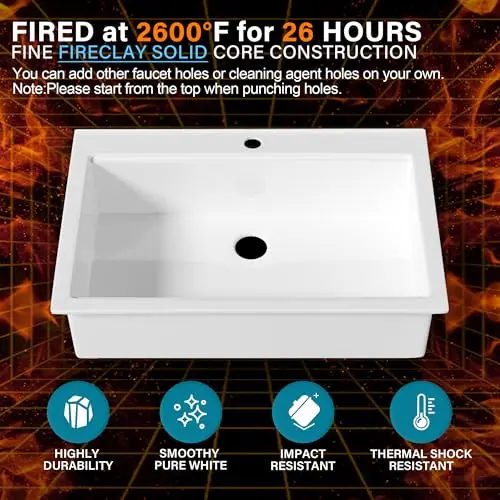

33x22 Inch White Fireclay Topmount Single Bowl Kitchen Sink With 1 Faucet Hole And 4 Accessories Including Cutting Board