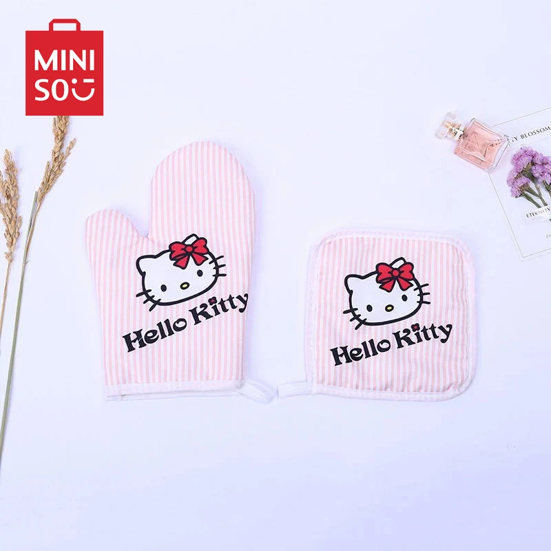 

Miniso Hello Kitty Oven Gloves Coasters Two Piece Set Sanrio Cartoon Figures Kitchen Baking Accessories Anti-scald Insulation