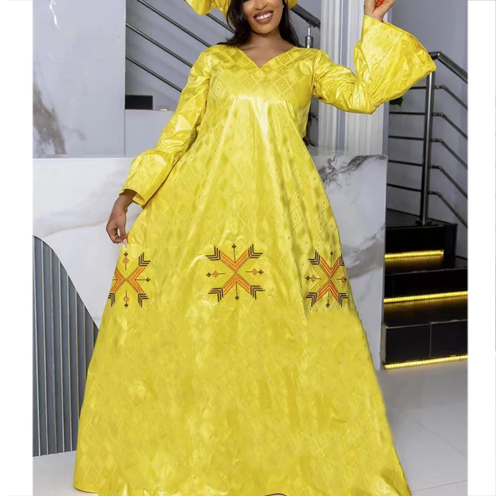 

Yellow Ramadan African Bazin Rich Dress Original Nigerian Basin BouBou Dashiki For Ankara Party Wedding Bride Robe Guipure Cloth