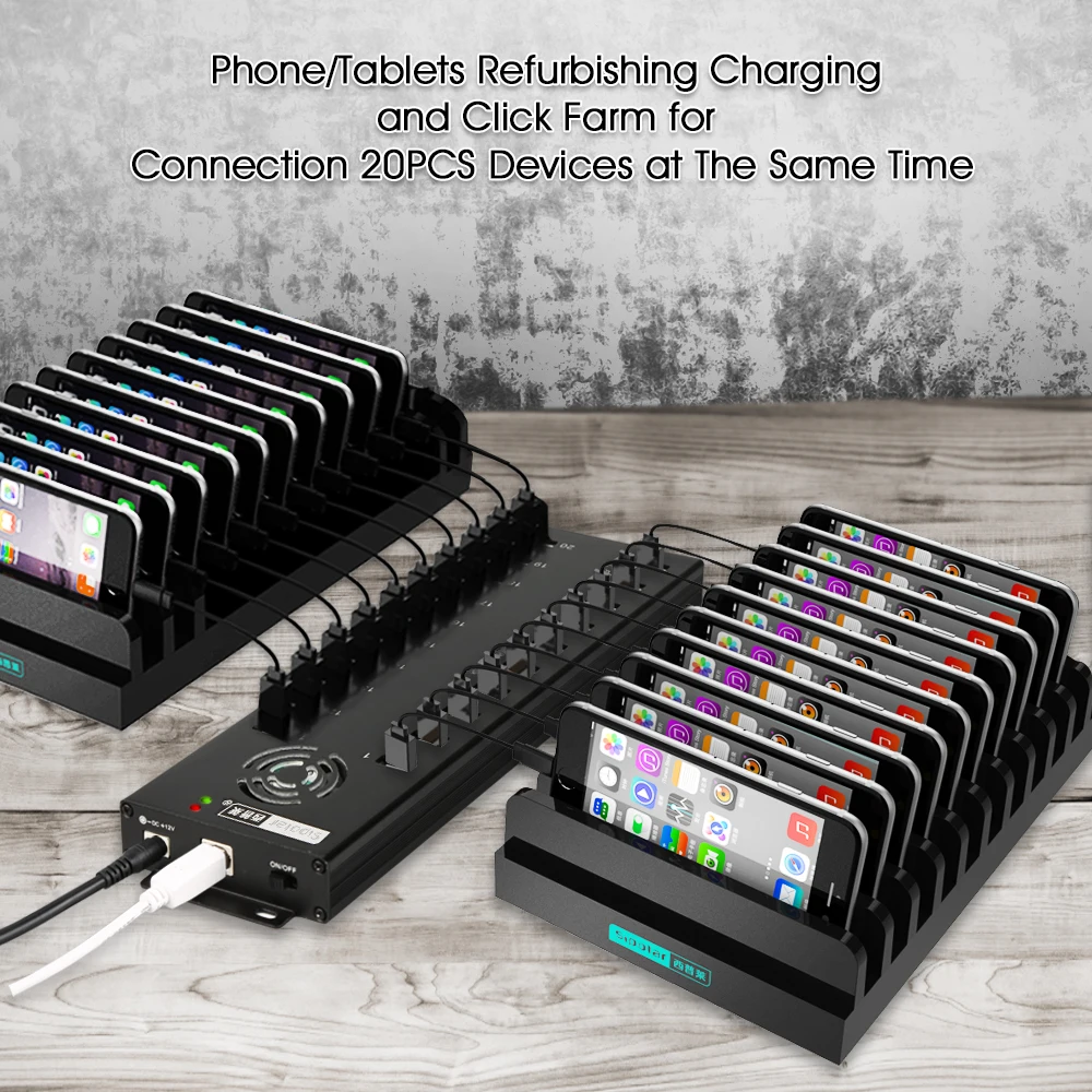 USB Hub 20 Port Powered 12V/10A Adapter, 480Mbps Data Transfer, for Smartphone Batch Charging
