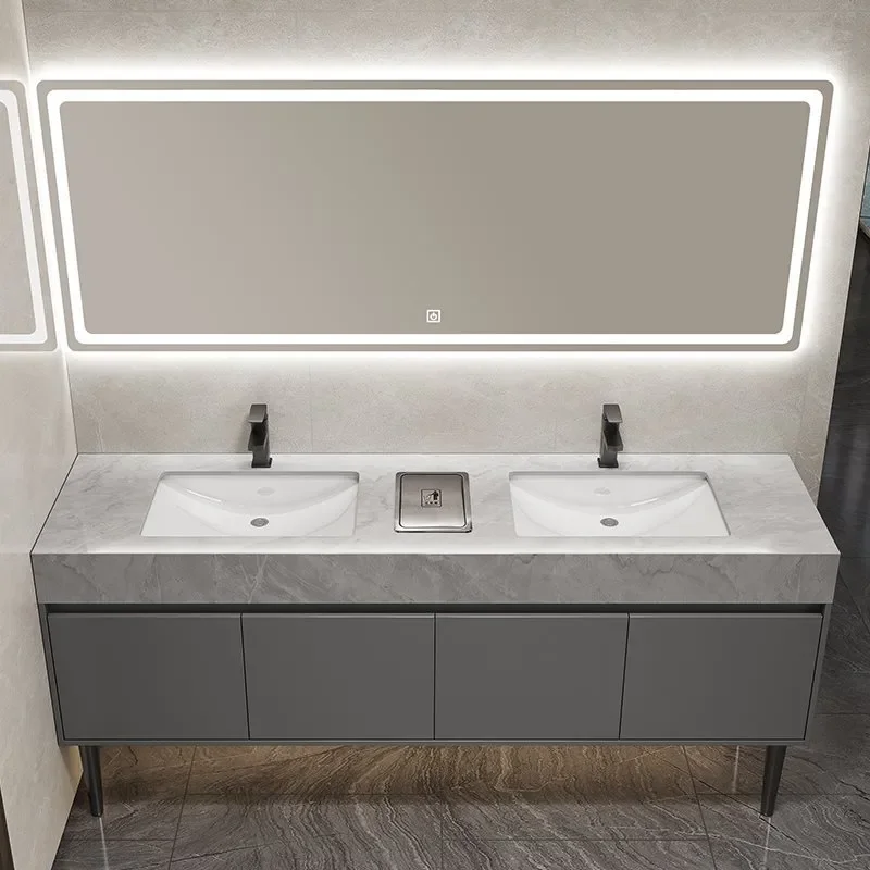 for Double Floor to Ceiling Bathroom Cabinet Combination Public Toilet Wash Basin Double Sink with Trash Can