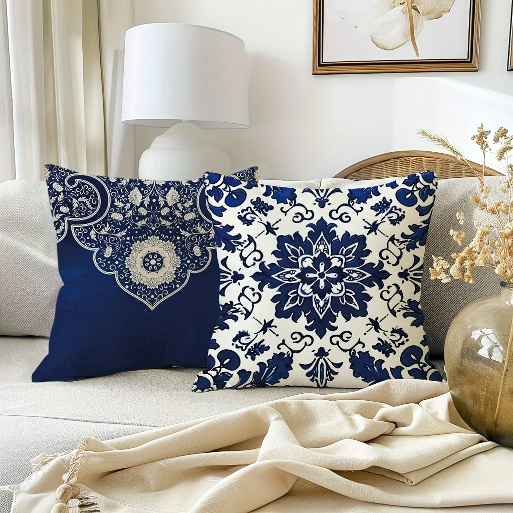 Ethnic style blue floral pattern printing pillowcase living room sofa chair cushion cover bedroom room home decoration