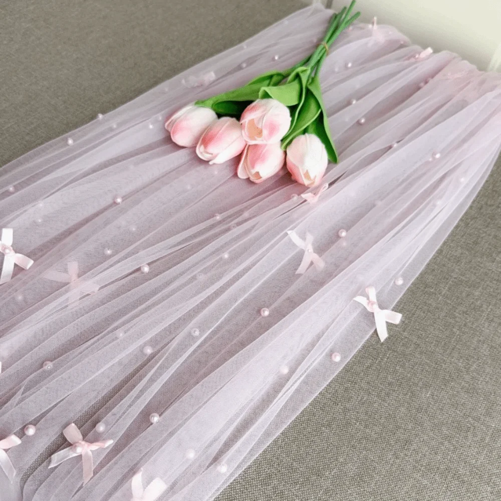 75×300cm Pearl Chiffon Table Flag Semi Transparent Sheer Drapes Wedding Table Decoration Gauze Mesh Pearl Chiffon Fabric