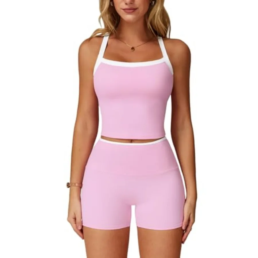 

Women 2 Pcs Workout Sets Padded Criss Cross Back Crop Tank High Waist Tummy Control Shorts Yoga Outfits