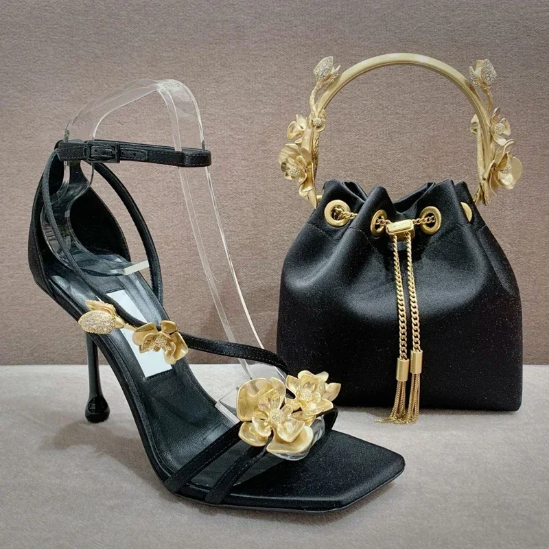

2025 Spring/Summer New High Heels Banquet Golden Flower Button Fine Heel Pointed Single Shoes Roman Open toed Women's Sandals