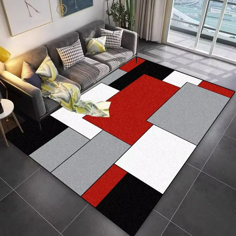 VIKAMA Modern Geometric Block Area Rug Crystal Velvet Living Room Carpet Non Slip Red Black Gray Pattern Bedroom Dining Floor