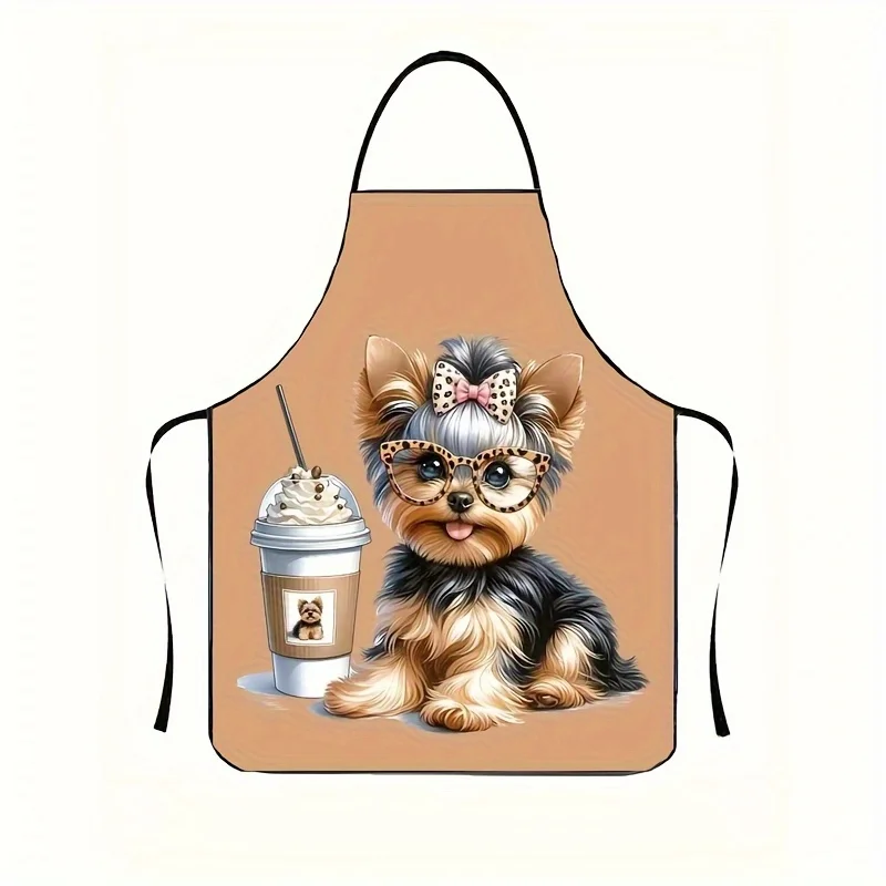 1pc Cute Yorkshire Terrier Apron with Coffee & Ice Cream Design - Stylish Polyester Kitchen Apron, Durable & Comfortable, Perfec