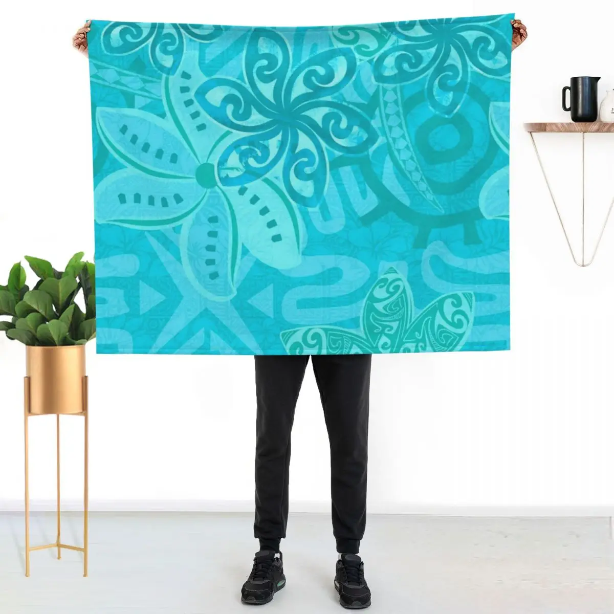 

Polynesian Ocean Turqoise Jungle Print Throw Blanket Soft Sherpa Fleece Warm Blanket for Winter