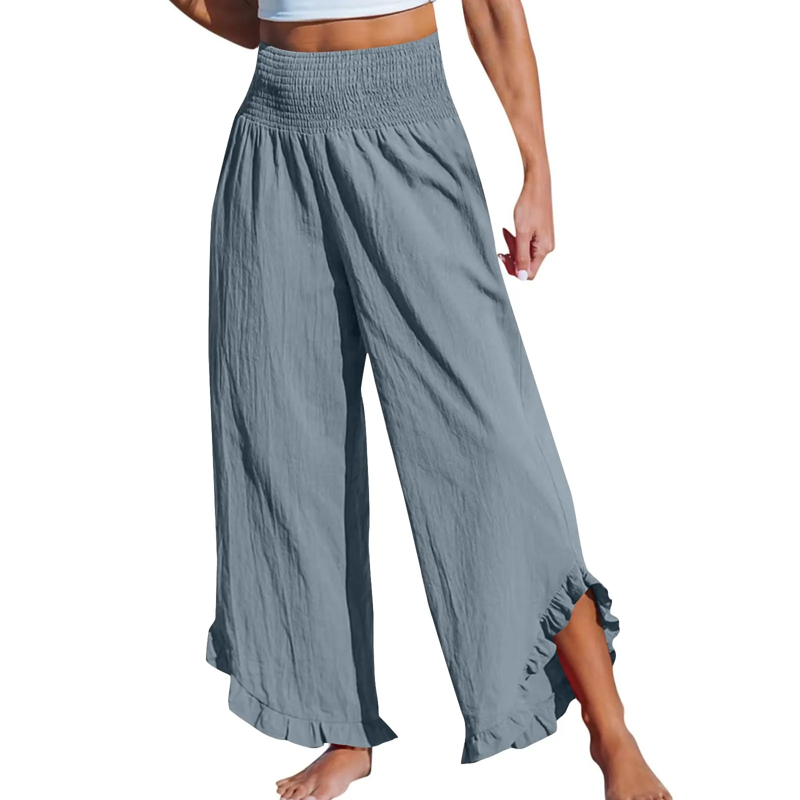 Women Boho Wide Leg Pants Cross Design Elastic High Waist Yoga Pants High Split Beach Wide Leg Pants Hippie Beach Casual Pants