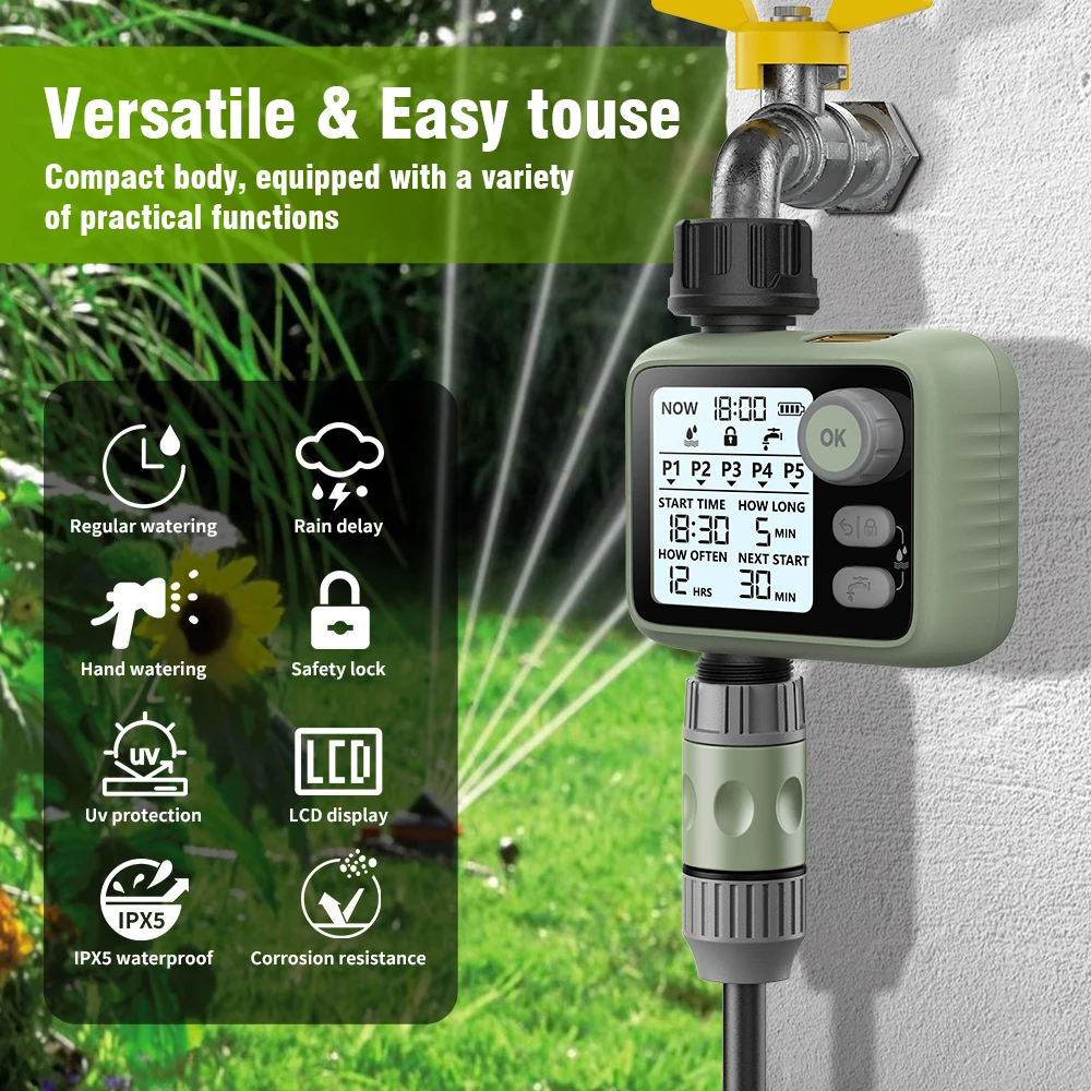 Eshico HCT-372 Water Timer LCD Bright Screen/Rain Sensor Delay/Knob Operation Automatic Digtial Irrigation Sprinkler Garden Tool