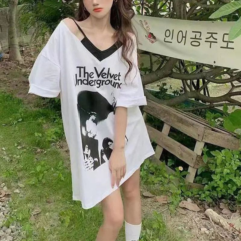 

Fake Two Pieces V-Neck T-shirt Casual Printed Letter Female Clothing Short Sleeve 2024 Summer Fashion Hollow Out Loose Pullovers