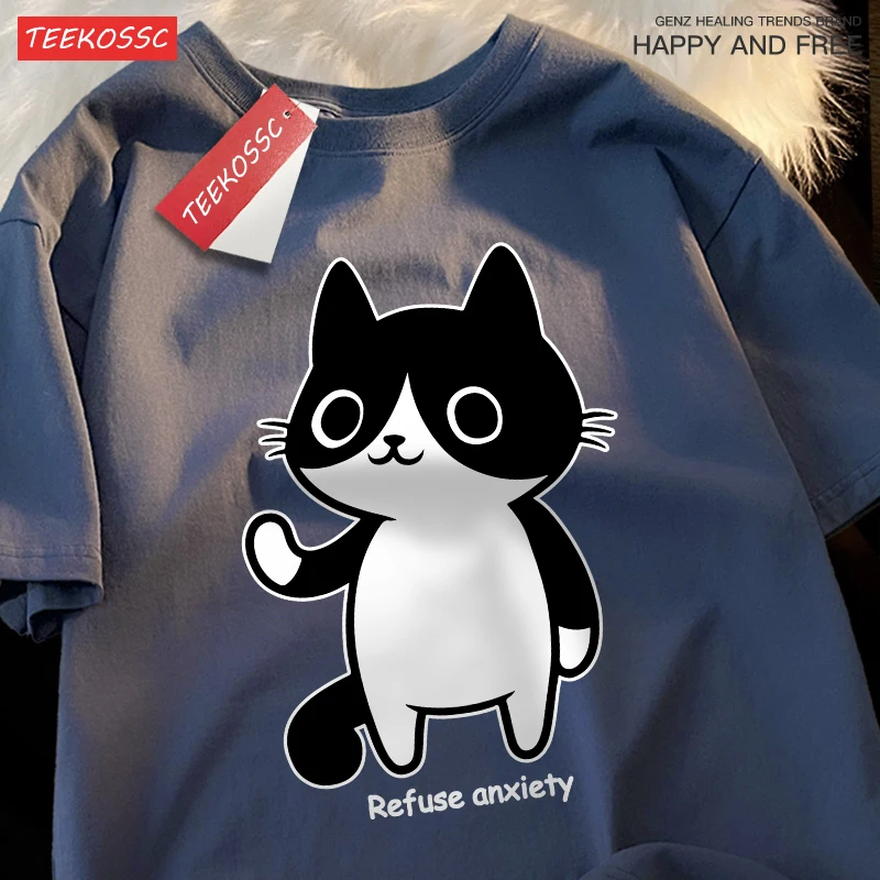 Refuse Anxiety Cartoon Cats Print T Shirts Men Summer Cotton T-Shirt Hip Hop Loose Streetwear Unisex All-Match Casual Clothing