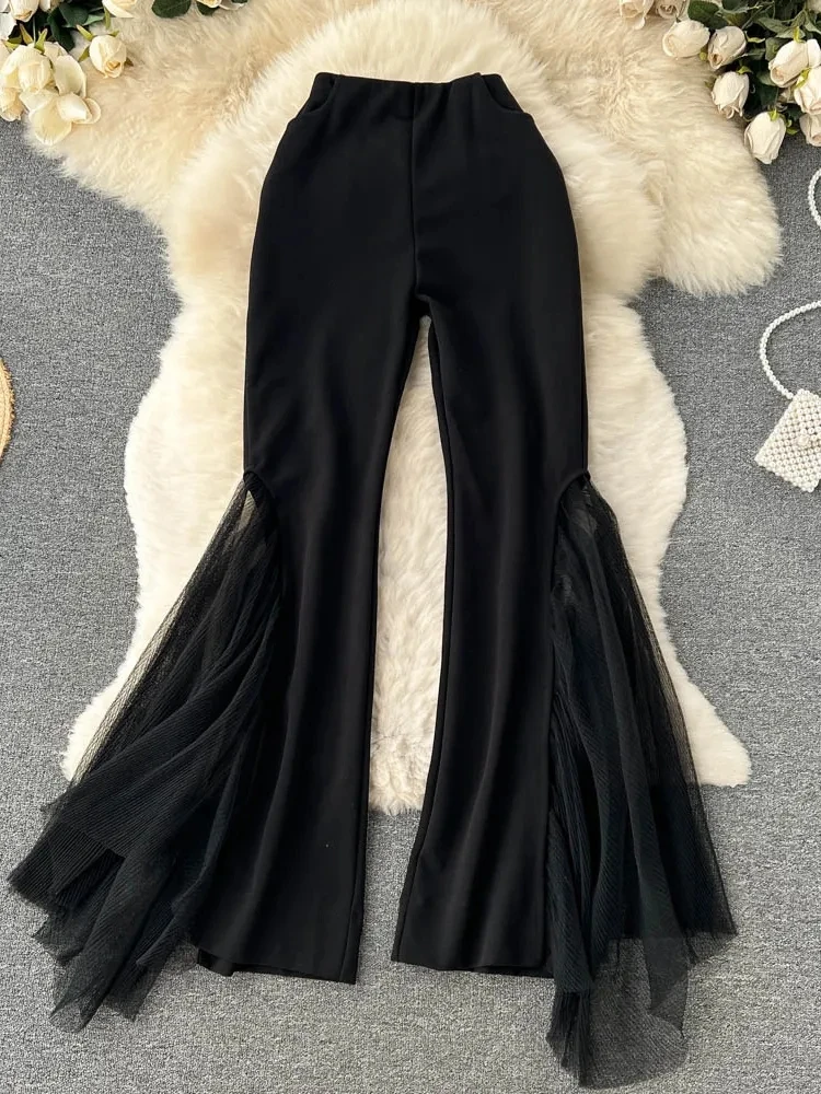 Mesh Spliced Y2k Pants for Women Spring 2023 High Waisted Split Solid Wide Leg Flare Pants Fashion Chic Casual Pants