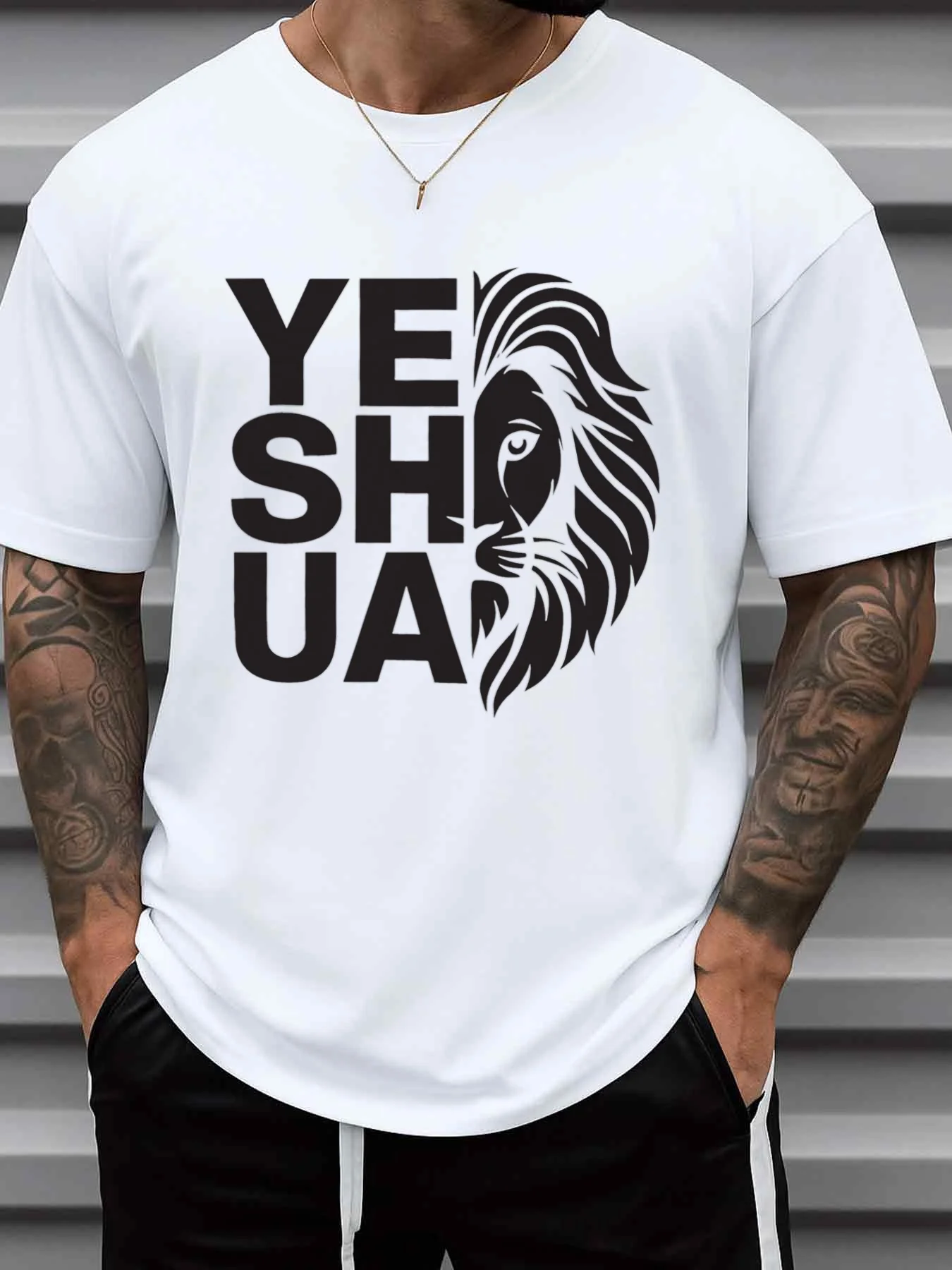 Men's Lion Group Christian Faith T-Shirt - 180g Heavyweight Judas Lion Pattern and Jesus Print, Black Hebrew Letters on White Background, Casual Crew Neck Short-Sleeve T-Shirt, Suitable for Church, Casual Wear, and Christmas Gifts, All-Season Wear
