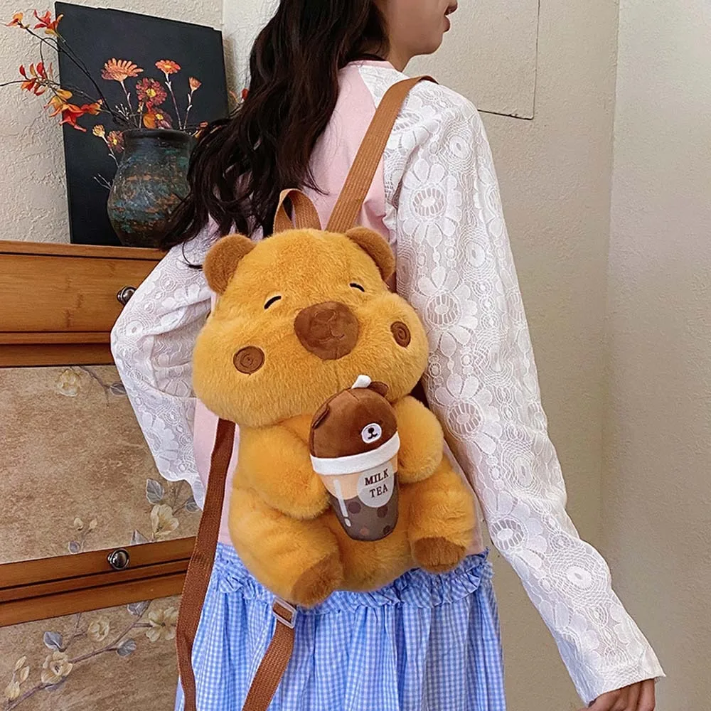 

Thickened Cute Capybara Plush Backpack Soft Milk Tea Cup Brown Doll Bag Adjustable Straps Bear Cartoon Daypack Students