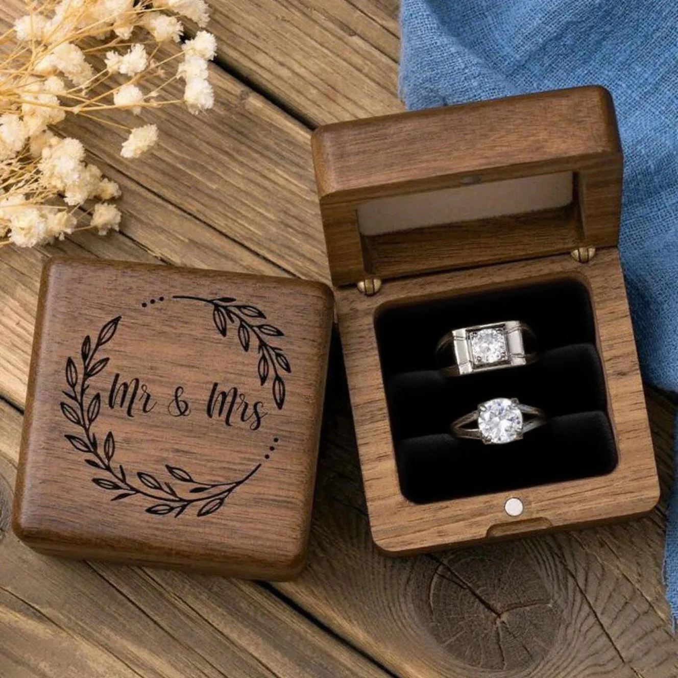 Mr & Mrs Walnut Wooden Ring Box Double Slots For Wedding Bands Rustic Wedding Ceremony Proposal Ring Keepsake Jewelry Box