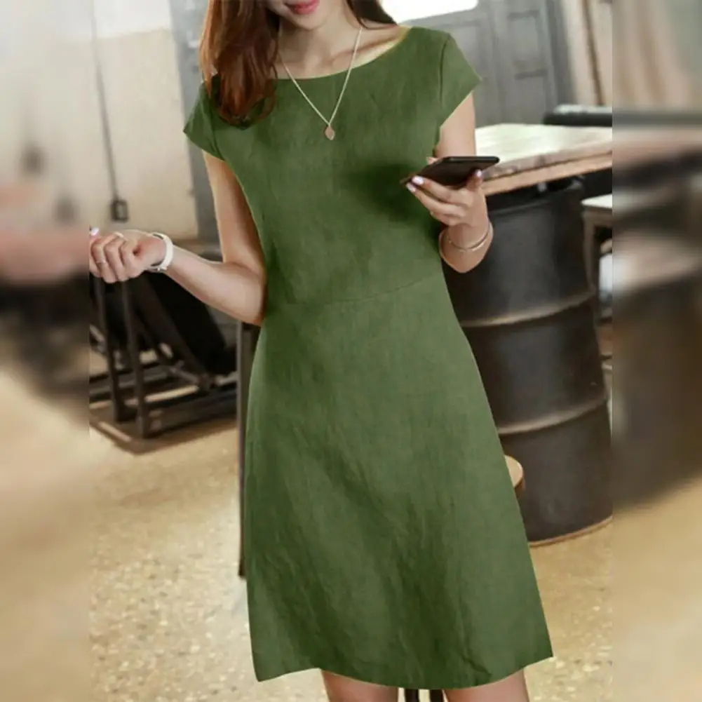 

Women Commute Mini Dress Summer Round Neck Short Sleeve Classic Dress Pure color Back Zipper Above Knee Length Elegant Gown