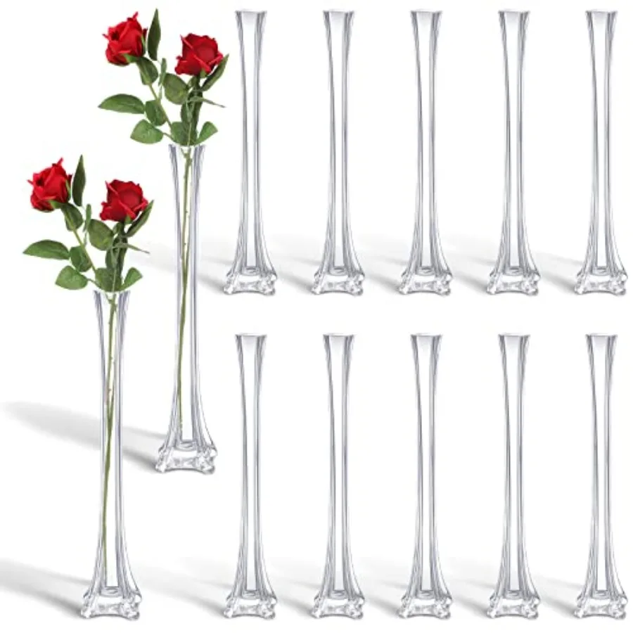 Wedding centerpiece vases: 12 pcs clear glass 16-inch tall flute shape Eiffel Tower design slim base formal dinner and home tab