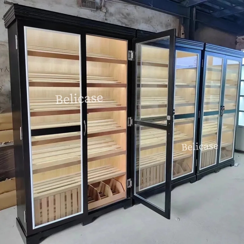 customized.Smoke Shop Furniture Double Door Showcase Display Cigar with Led Lights Cigar Humidifier Cabinet Cigar Humidor Ca