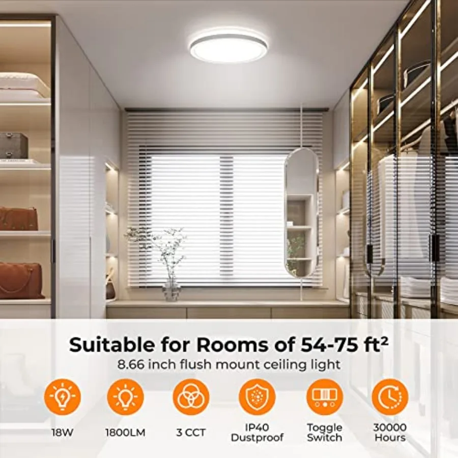 LED Flush Mount Ceiling Light, 9 Inch 18W 3000K/4000K/5000K Hardwire Light Fixture, Ultra Thin Round Lamp for Kitchen Porch Bed view 3