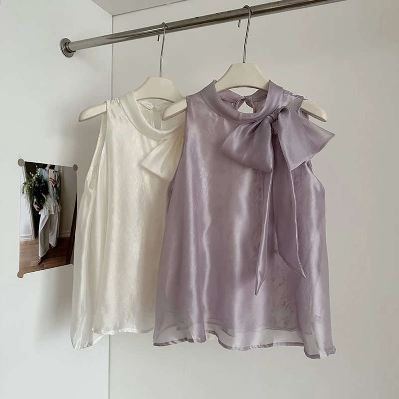 Bow Tie Up Shirt Women Summer Sexy Loose Sleeveless Vest Tops French Elegant Harajuku Lace Patchwork O Neck Chiffon Blouse New