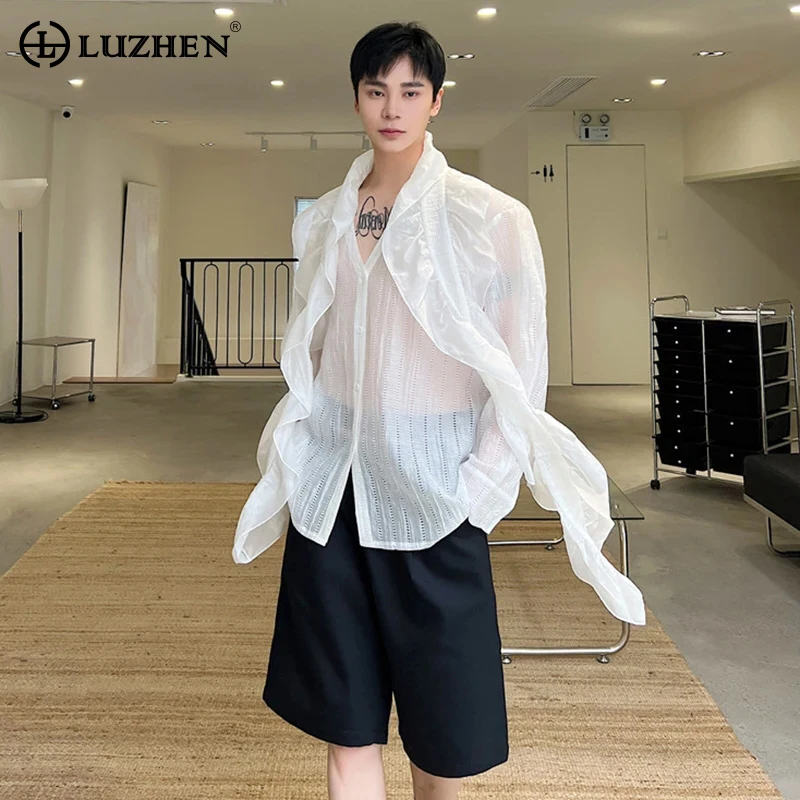 

LUZHEN Stylish Summer Decorate Design 2024 Thin Ribbon Translucent Men's Casual Shirts Trendy Long Sleeve Elegant Clothes 577af5