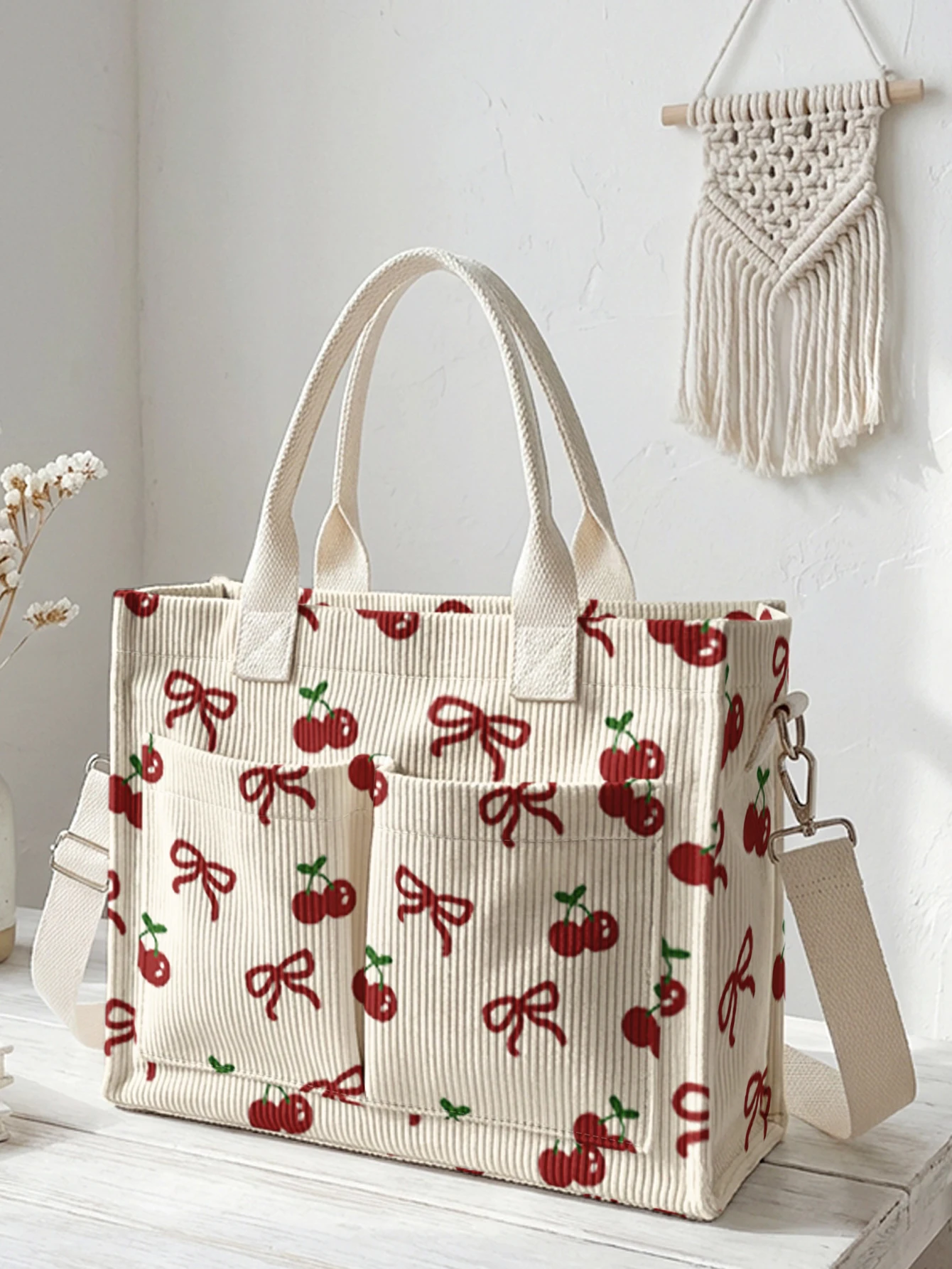 Bolso de mano de pana con estampado de cerezas y lazos, gran capacidad, múltiples bolsillos, bolso de hombro para chicas