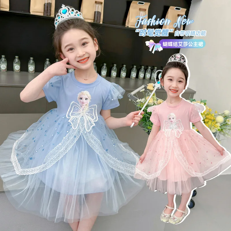ديزني طفلة الصيف قصيرة الأكمام القوس إلسا الأميرة تي شيرت فستان الأطفال شبكة منتفخ فستان المجمدة