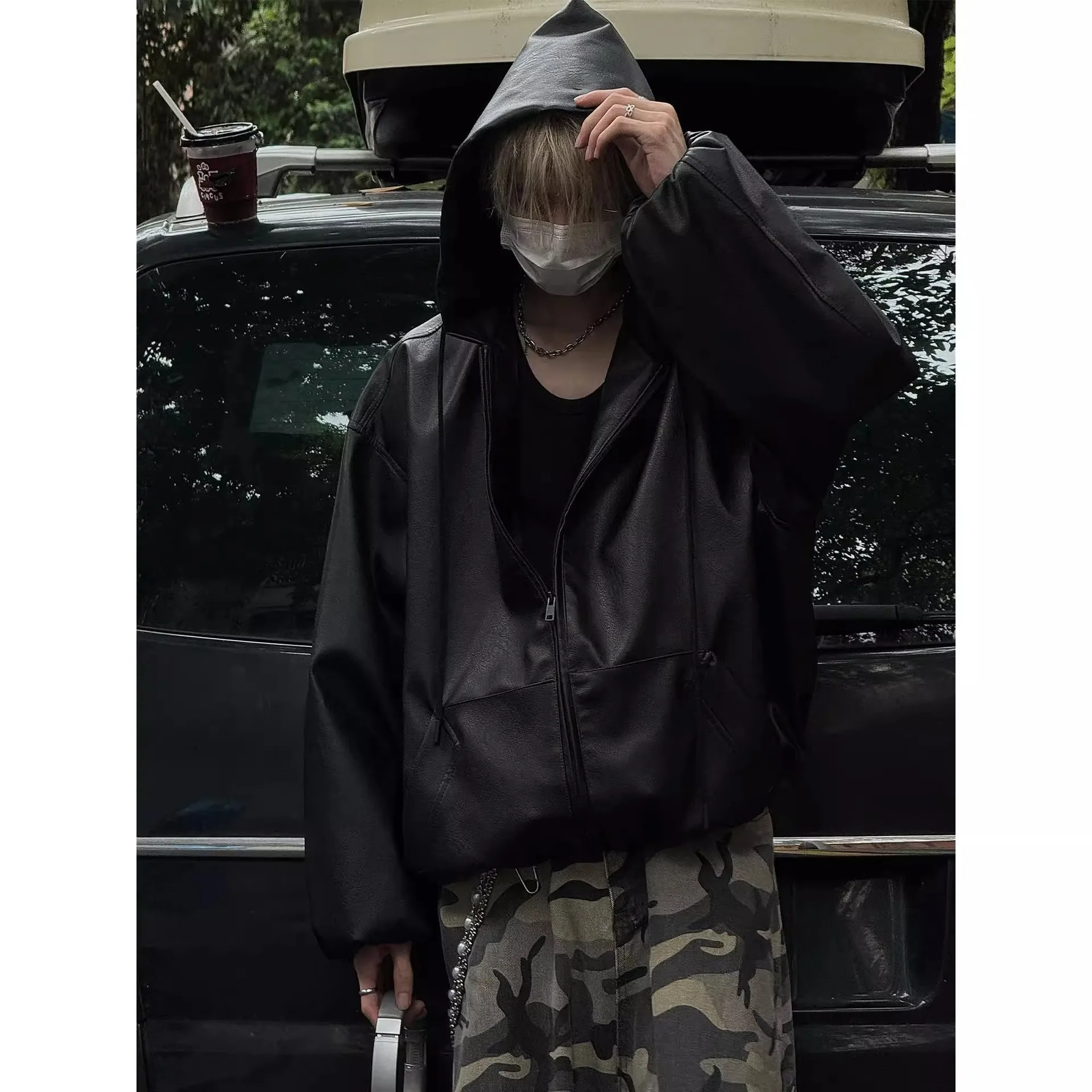 

High Street Black Color Pu Leather WIndbreaker Coat Mens and Women Casual Loose Zipper Hooded Jackets Oversized