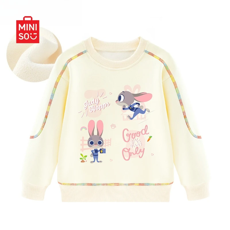 

Miniso 2025 Judy Girls Hoodie, Thickened Round Neck Pullover with Cartoon Print for Kids Warm & Stylish