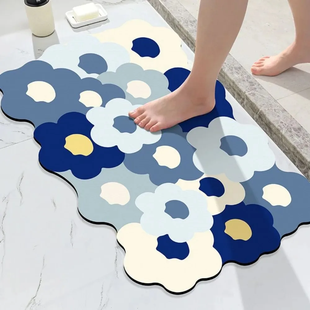VIKAMA Wavy Flower-Patterned Bathroom Mat, Water-Absorbent Diatomaceous Earth Doormat, Non-Slip Entryway Mat, Home Decor