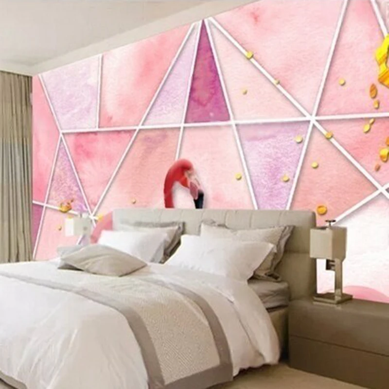 Nordic Style Custom Wall Mural for Living Room Bedroom, Pink Flamingo with 3D Geometric Pattern Wallpaper Background Decoration