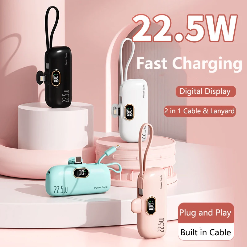 5000mAh Mini Power Bank Built in Cable Plug 22.5W Fast Charging for Apple Type C Powerbank for iPhone 15 X Samsung Huawei Xiaomi