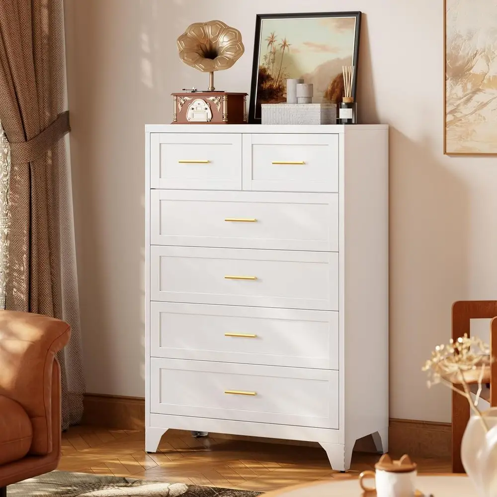 Cassettiera bianca contemporanea a 6 cassetti, 48 alte, portaoggetti verticale per camera da letto, spazi abitativi