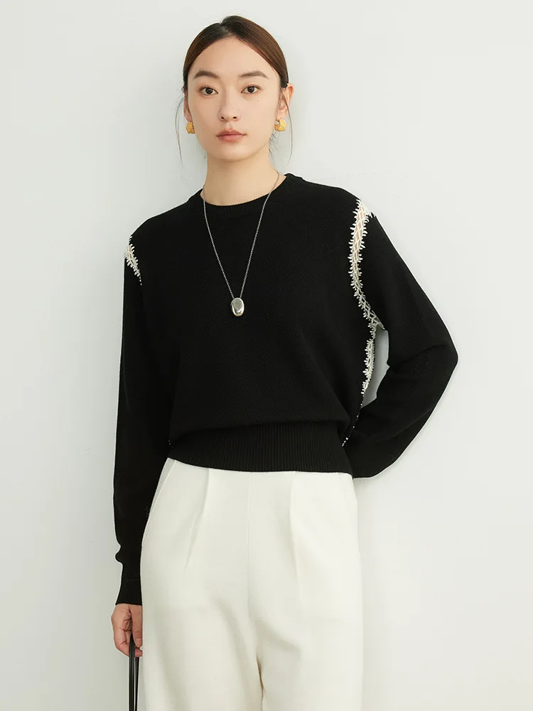 SuyaDream, Women Wool Pullovers, 32.4%Sheep Wool, Crochet lace, White Sweaters, 2024 Fall Winter Chic Top, Black