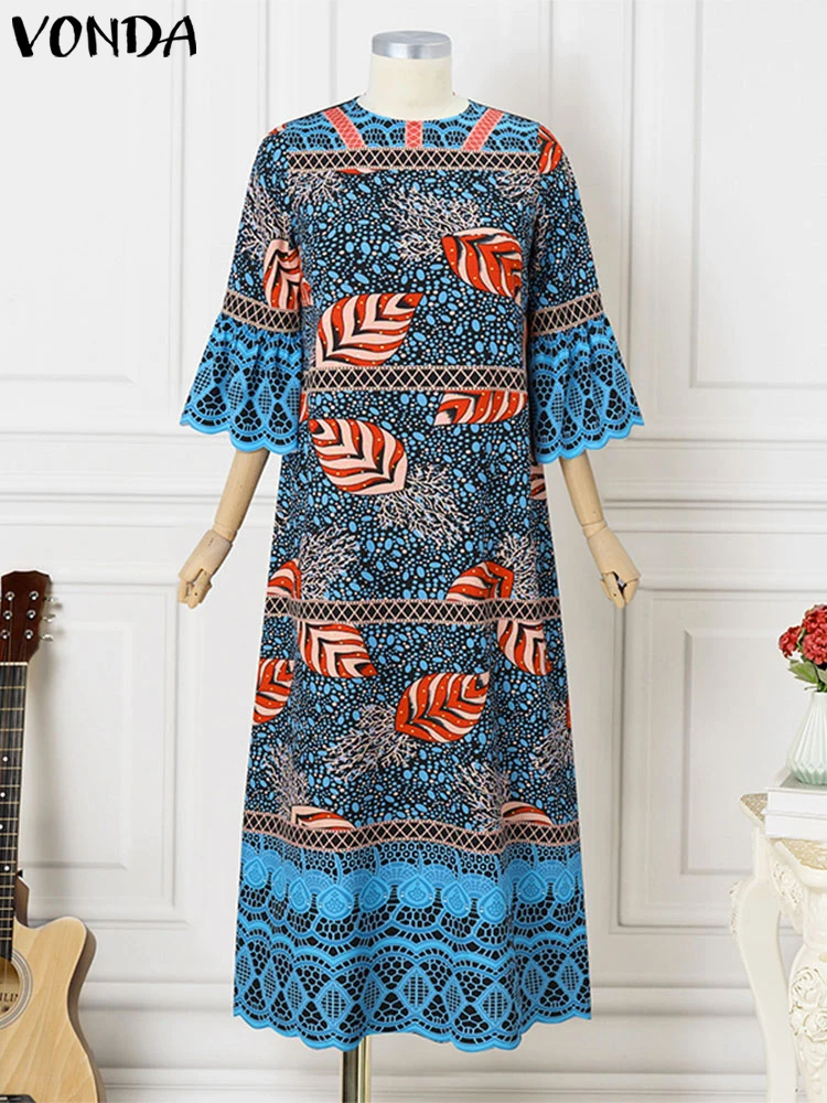 

2025 Autumn Printed Dress Women Round Neck Vintage 3/4 Flared Sleeve Sundress Fashion Robe Party Vestidos Plus Size 5XL VONDA