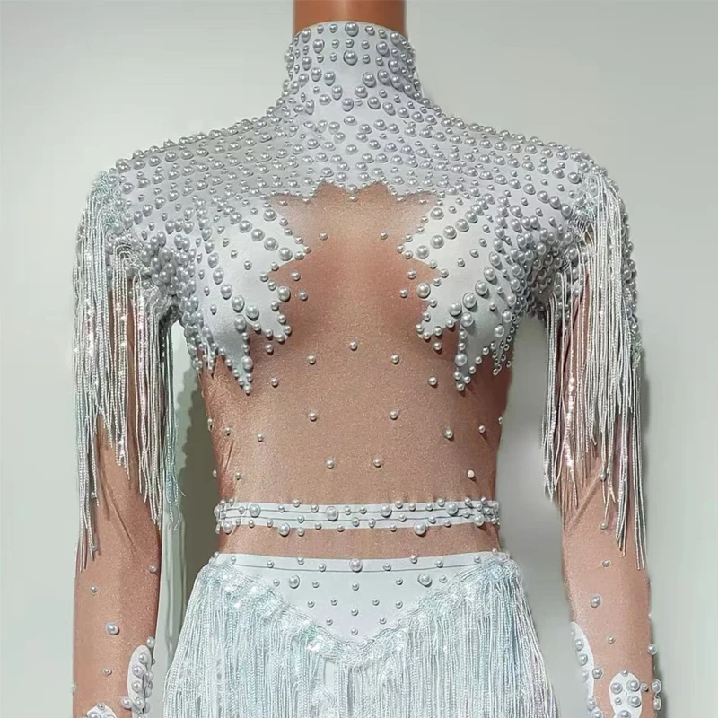 Sexy Pole Dance Clothing Women White Pearls Fringed Bodsyuit Bar Dj Ds Gogo Costume Drag Queen Outfit Stage Party Wear XS9577