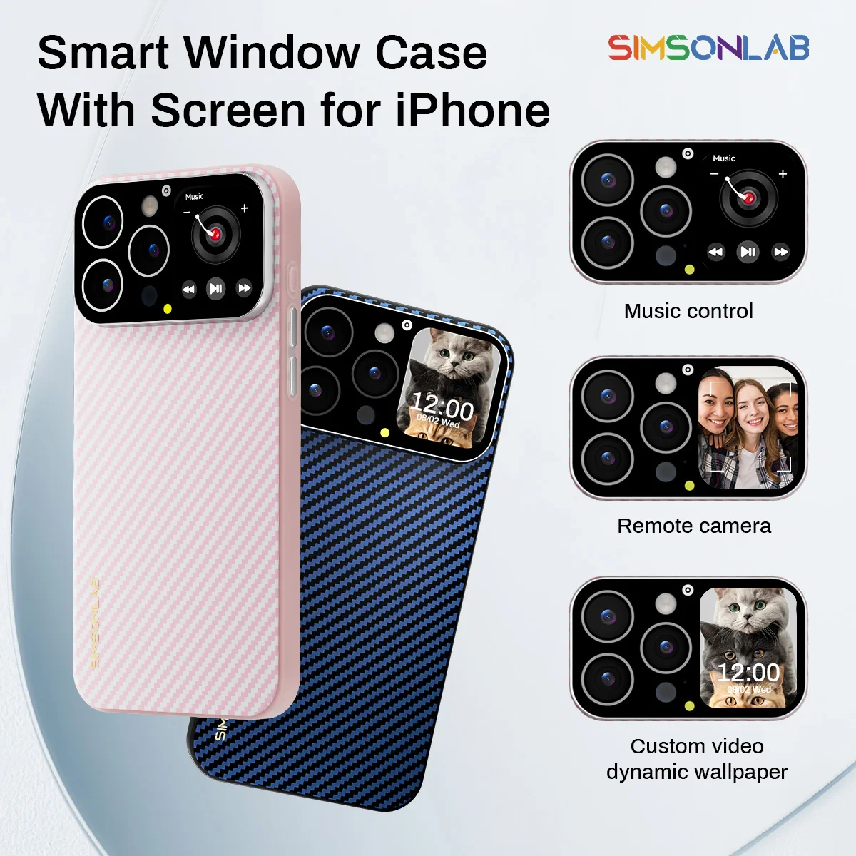 SIMSONLAB حافظة هاتف ذكي آيفون 16 15 14 13Pro/PM نافذة مخصصة فيديو صور خلفية التحكم بالموسيقى رسالة دفع آلة حاسبة