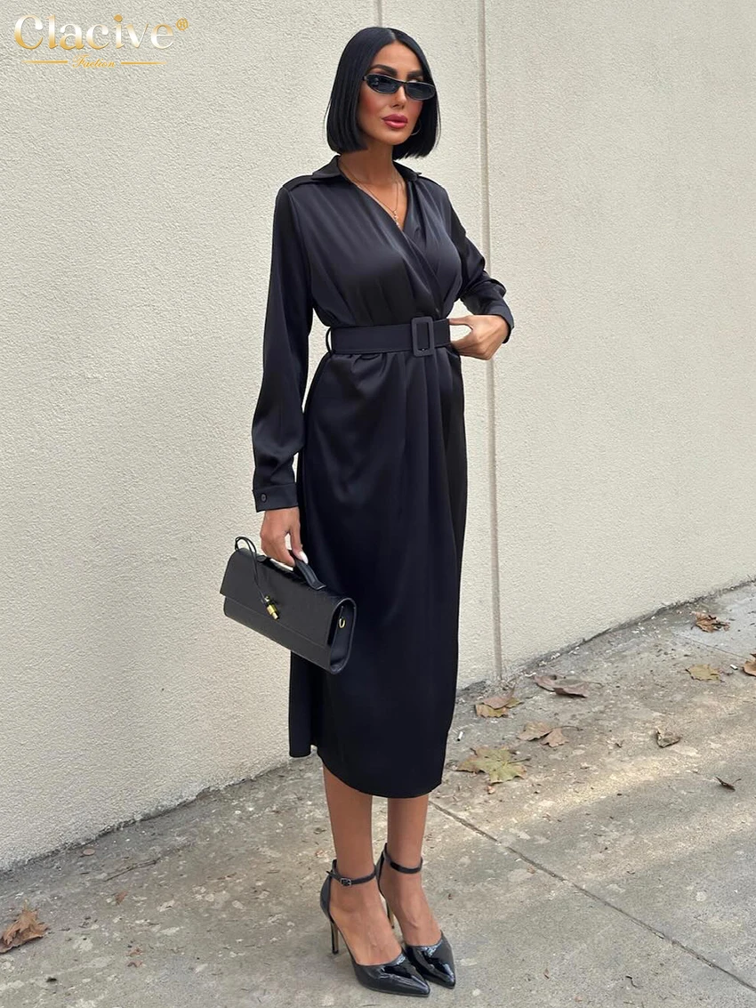 

Clacive Fashion Loose Black Satin Women's Dress 2026 Spring Lapel Long Sleeve Midi Dresses Elegant Classic Belt Female Dress