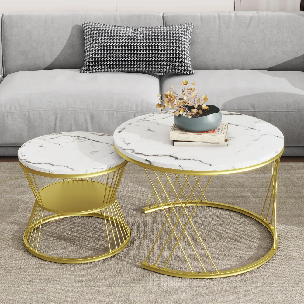 [VIDEO provided] ON-TREND Φ27.5'' & Φ17.7'' Nesting Coffee Table with Marble Grain Table Top, Golden Iron Frame Round Co