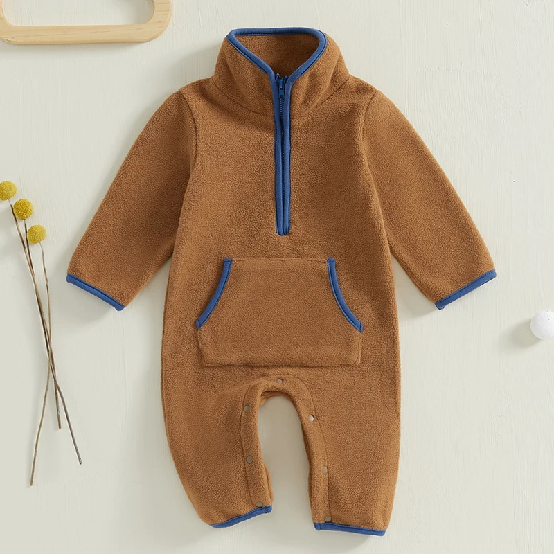 0-12 Months Newborn Baby Fall Winter Fleece Romper Long Sleeve Stand Collar Pockets Plush Jumpsuit with Zipper