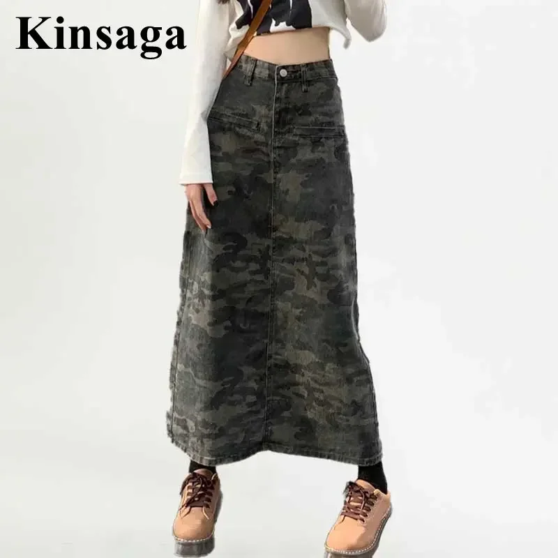 

Women Street Front Pockets Mid-Calf Long Camouflage Skirt 4XL Summer 90'S Girl Y2K Chi Back Split Vintage Retro Jupe Cargo Skirt