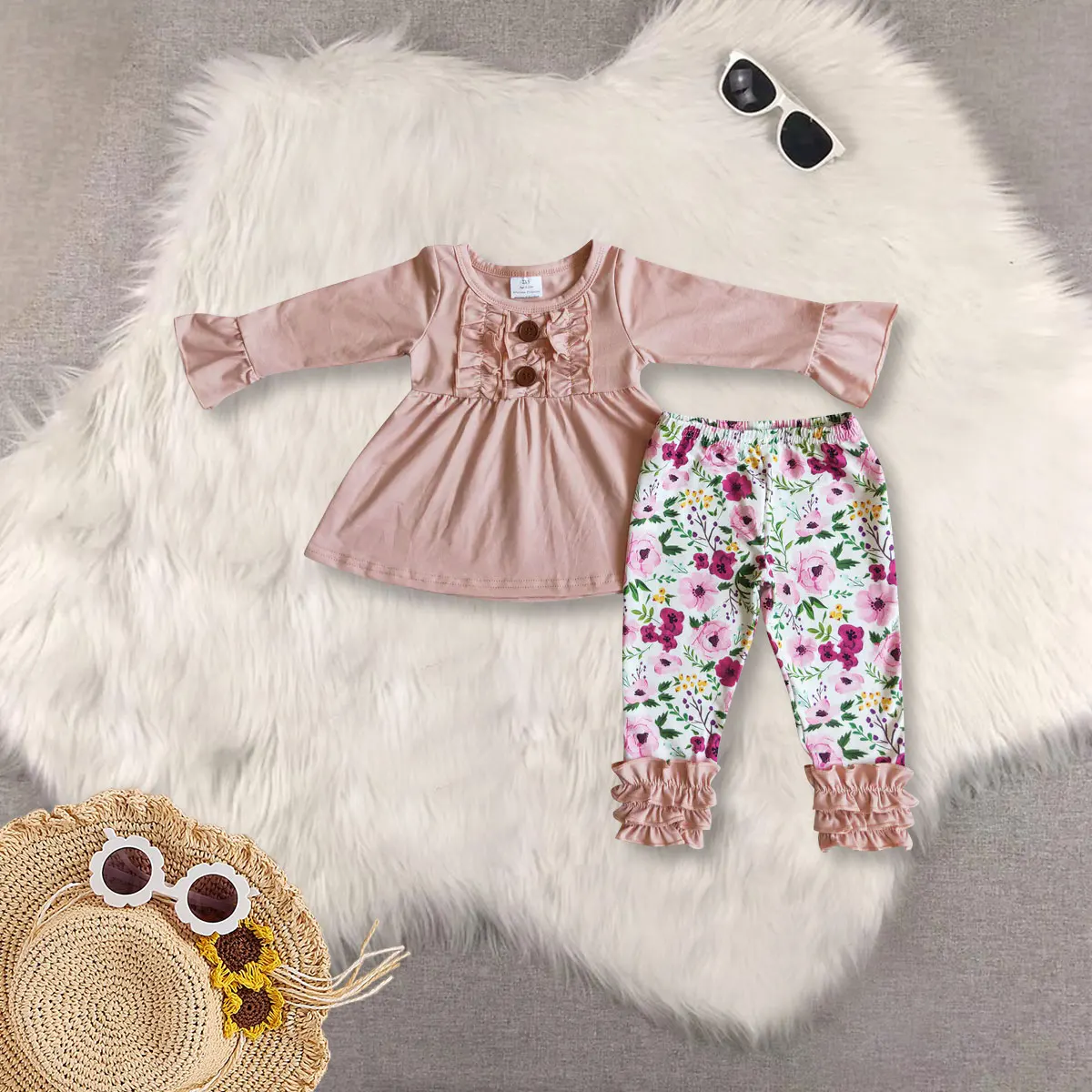 z96-03 6 A4-13 Wholesale Summer matching baby girl clothes Flower long-sleeved pants set Boutique kids clothes girl