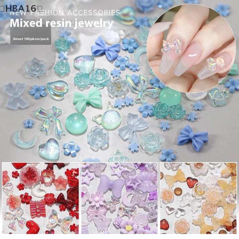 (HBA16) 100 個マルチカラーかわいいちょう結びネイルチャームハート真珠フラワーリボンフラットバック宝石パーツネイルアートマニキュア装飾