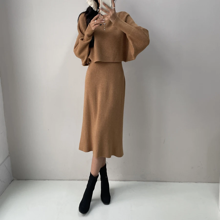 Autumn Winter Knitting Two Piece Sets Womens Outfit Office Ladies Elegant Solid Bat Sleeve Loose Pullover Sweater+vest Dress Set