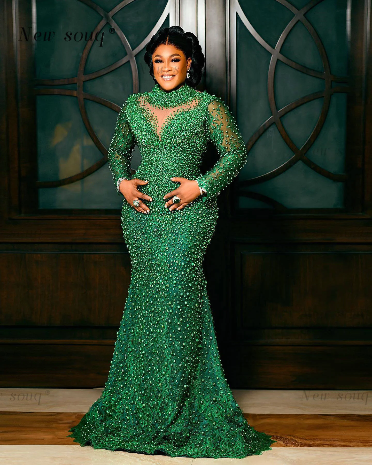 

Nigeria Plus Size Green Pearls Beaded Long Sleeves Mermaid Evening Dresses Custom Made Mother of Bride's Gowns Formal Party Wear